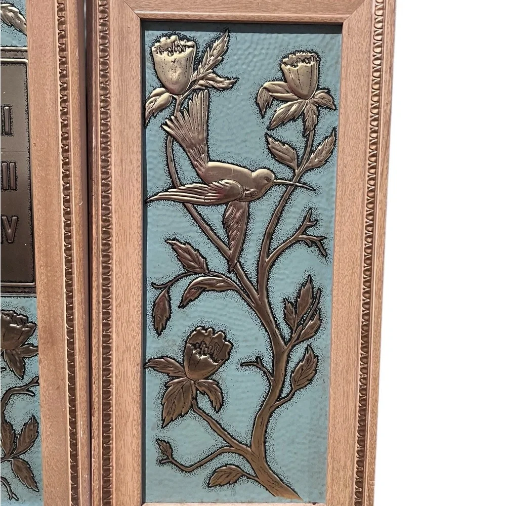 Veg Mid Century 3 Panel Teal/Green Wall Art Clock W/Hummingbirds & Tulips Quarts